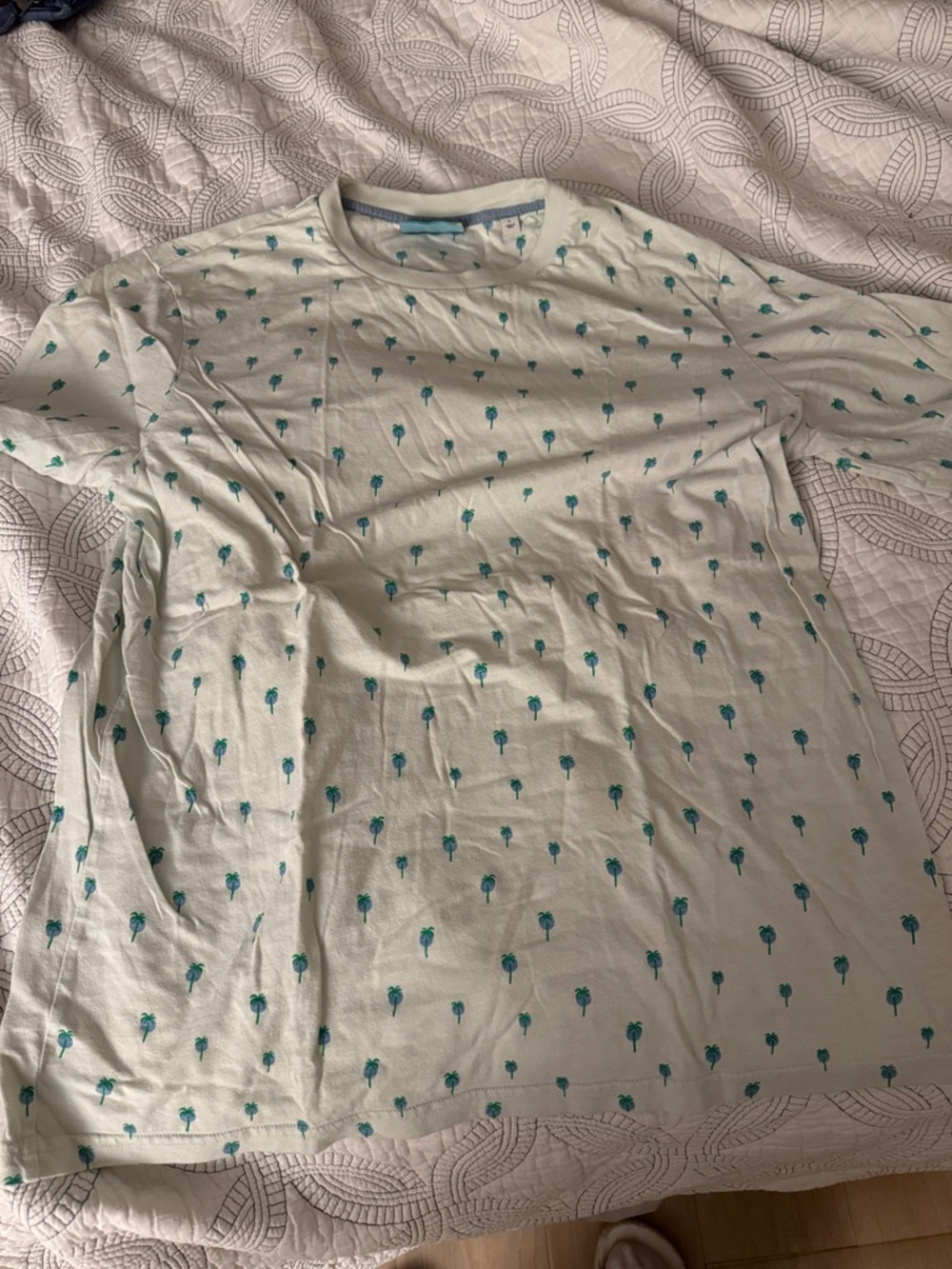 Scotch and soda Men's Light Green Palm-Print Crew Neck Shirt